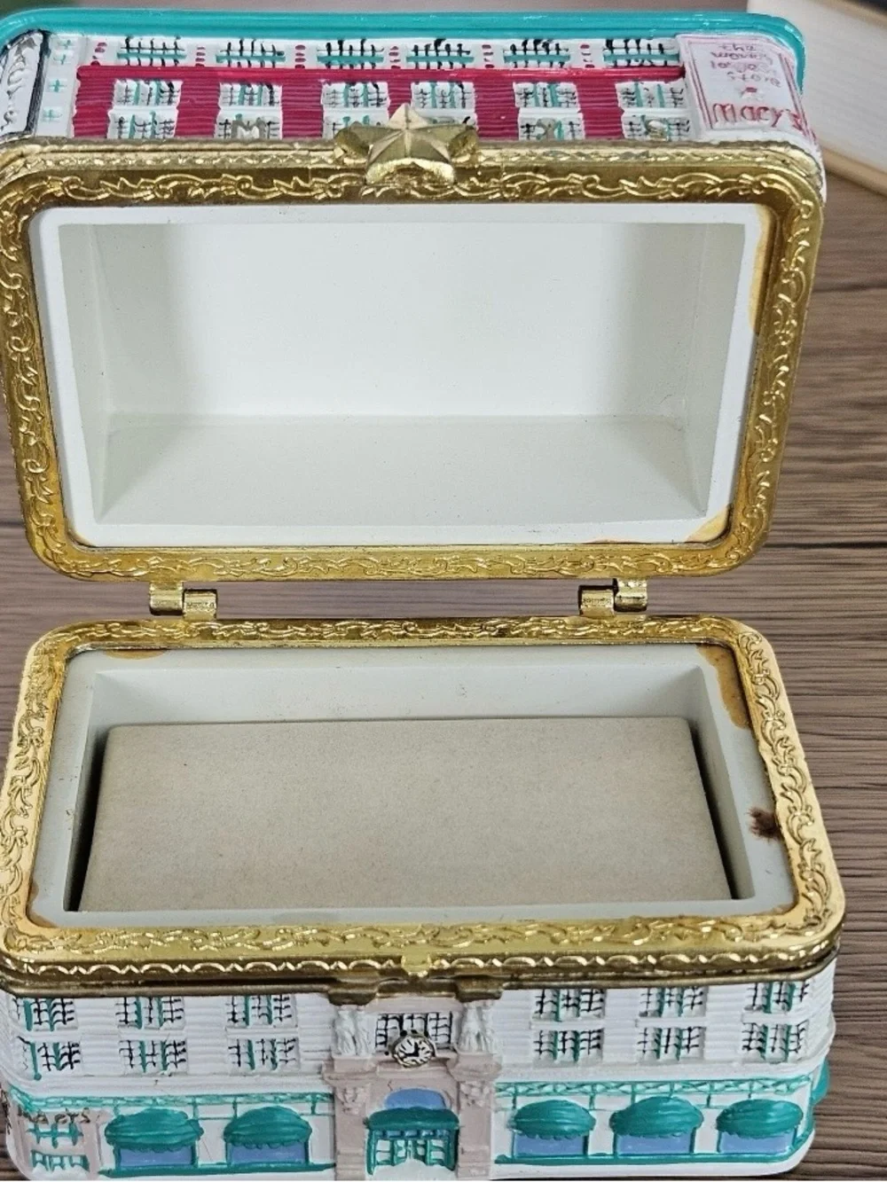 Macy's Ceramic Trinket Box in White, Teal & Gold Accents year 2000